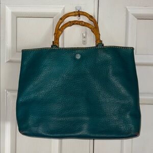 Plinio Visona Made In Italy Teal Pebbled Leather Tote With Bamboo Handles